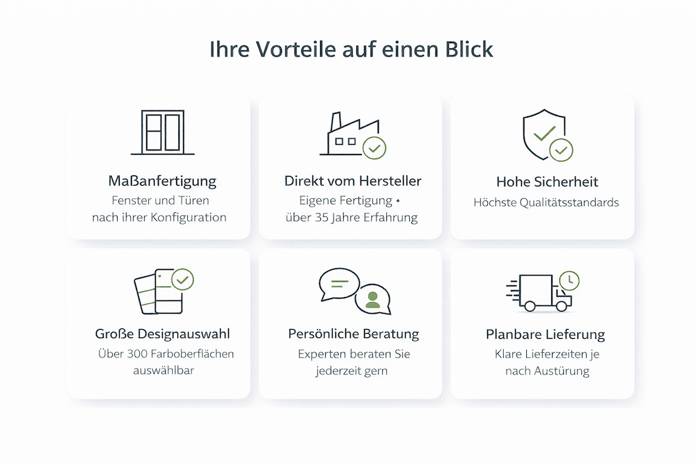 Grafik mit Vorteilen bei fenster-konfigurieren.com: Fenster & Türen nach Maß, exakt nach Ihrer Konfiguration; Direkt vom Hersteller mit >35 Jahren Erfahrung; Persönliche Beratung; Faire und transparente Preise; Planbare Lieferung (bei weißen bis zu 3 Wochen, bei farbigen Fenstern bis zu 6 Wochen)